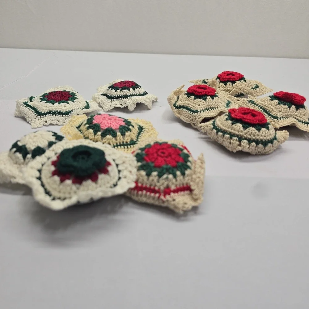 Vintage Handmade Crochet Floral Granny Square Applique Lot Red Rose Green Cream
